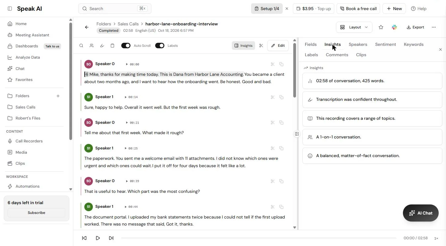 Speak AI Insights tab: 02:58 of conversation, 425 words, a 1-on-1 conversation