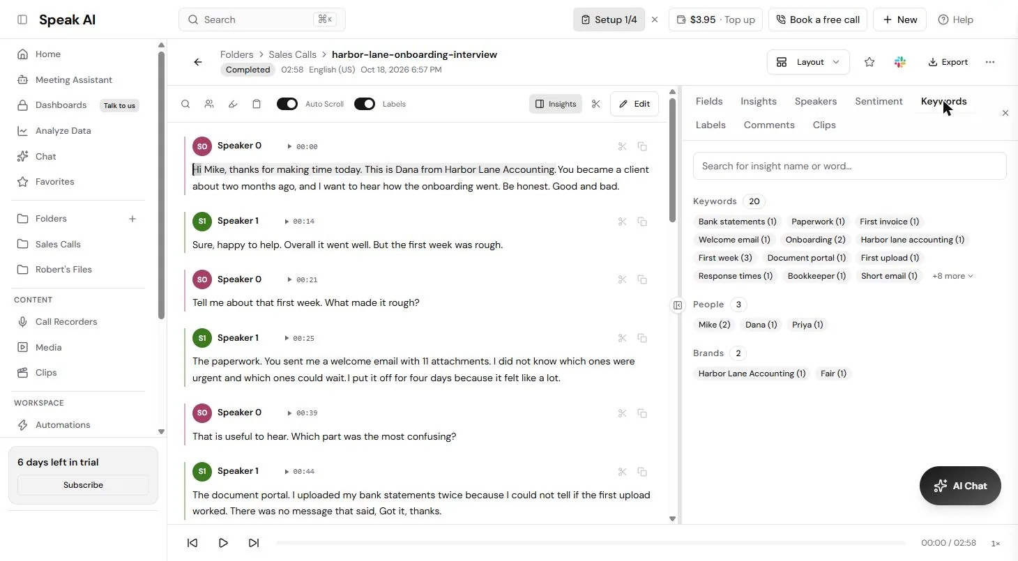Speak AI Keywords tab with 20 keywords and counts, 3 people and 2 brands