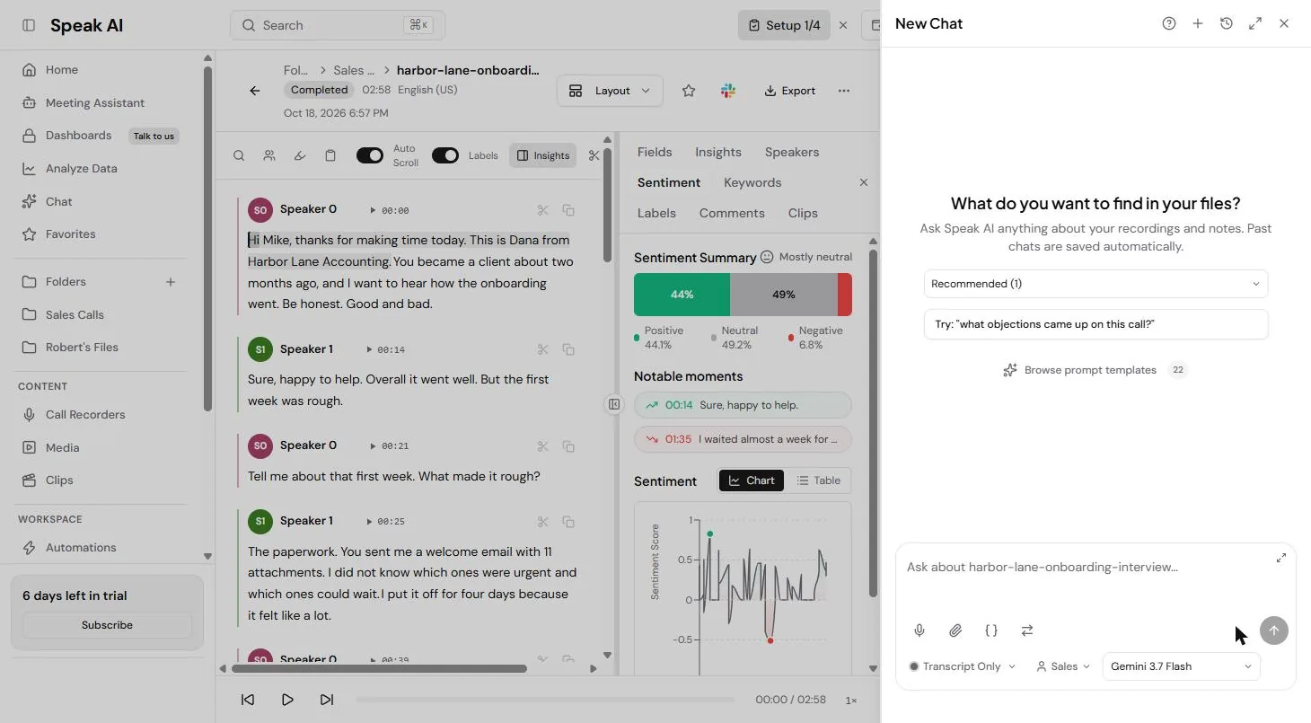 Speak AI AI Chat panel open on the interview, set to Transcript Only
