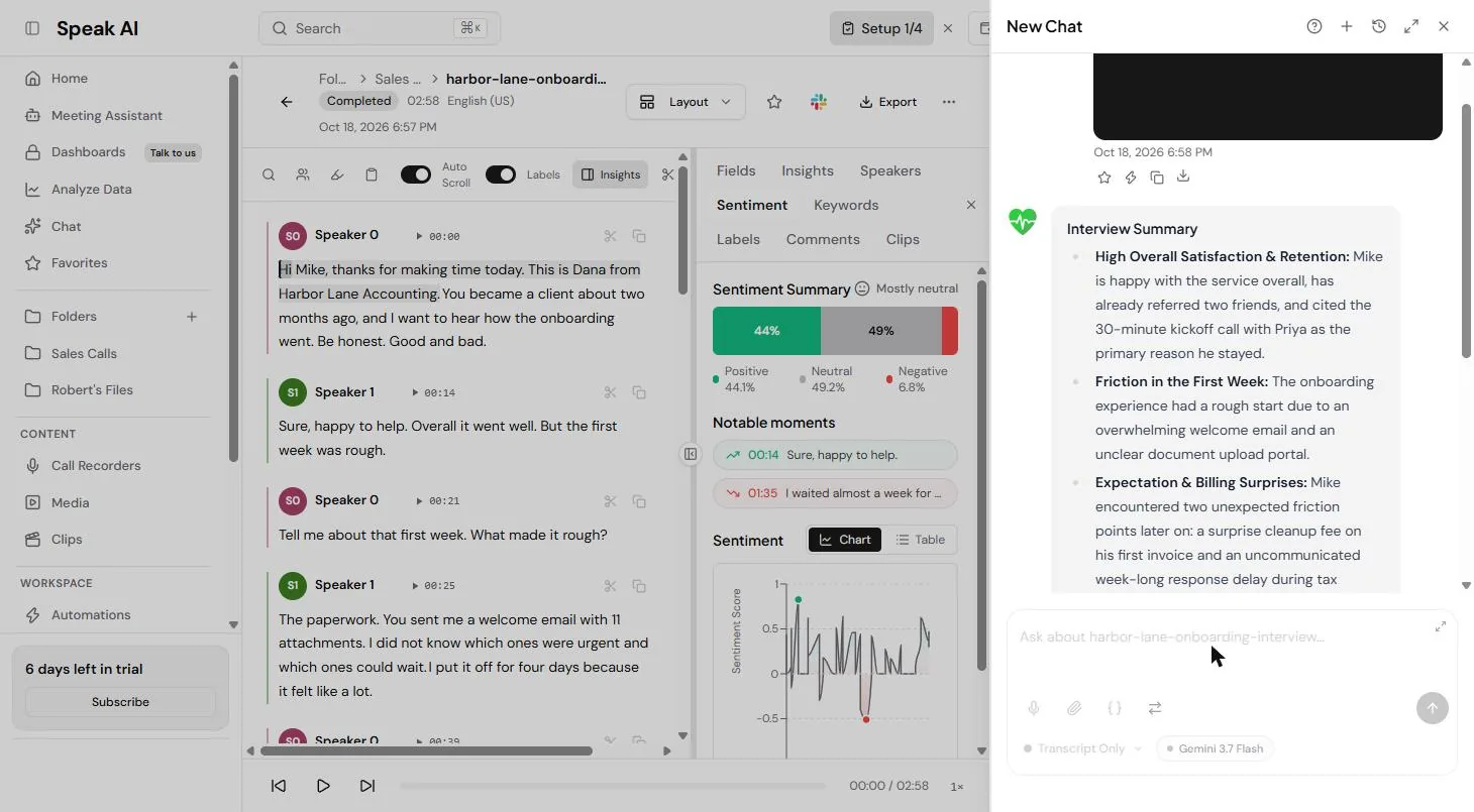 Speak AI AI Chat answer with a three-bullet interview summary