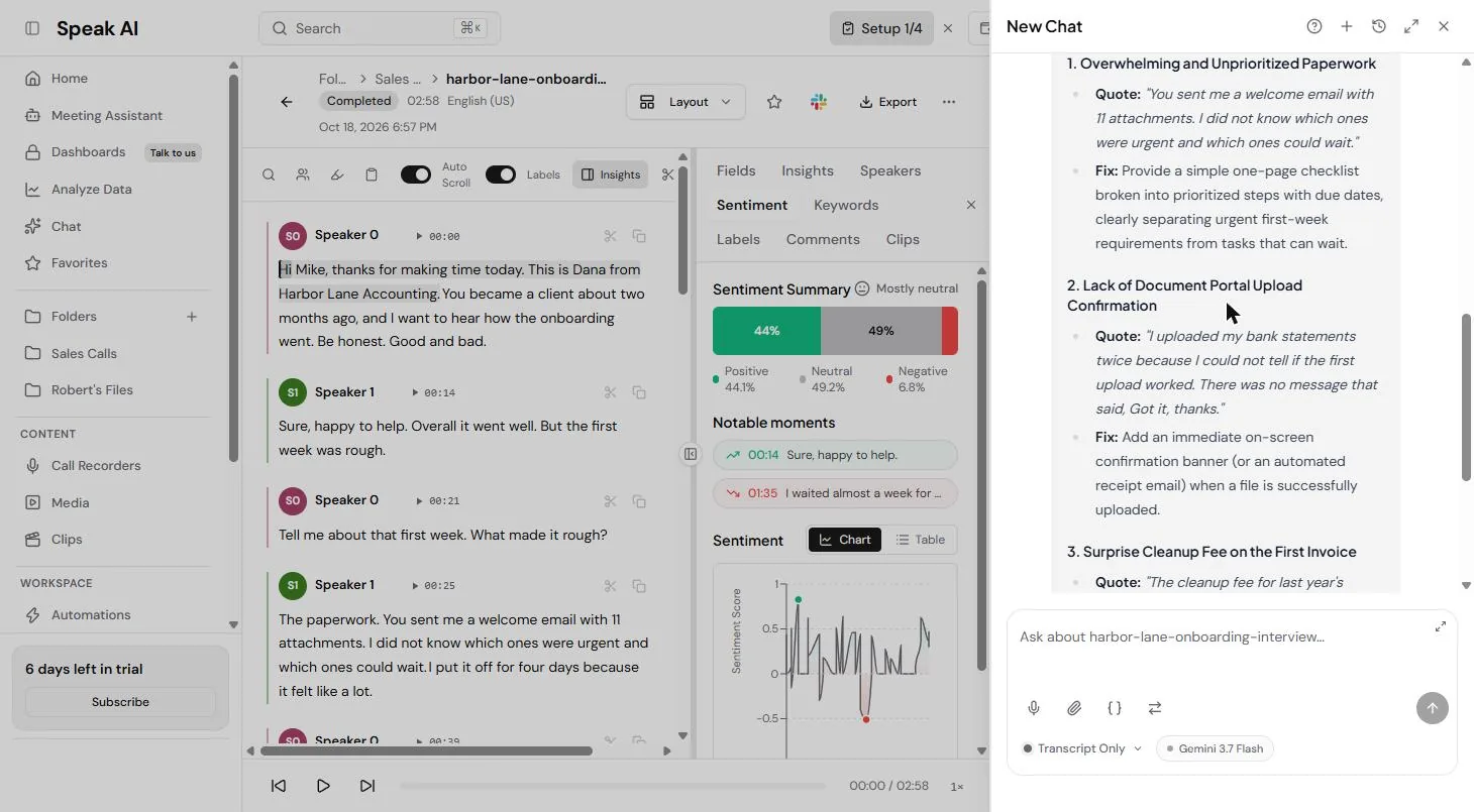 Speak AI AI Chat answer listing onboarding problems, each with a customer quote and a fix