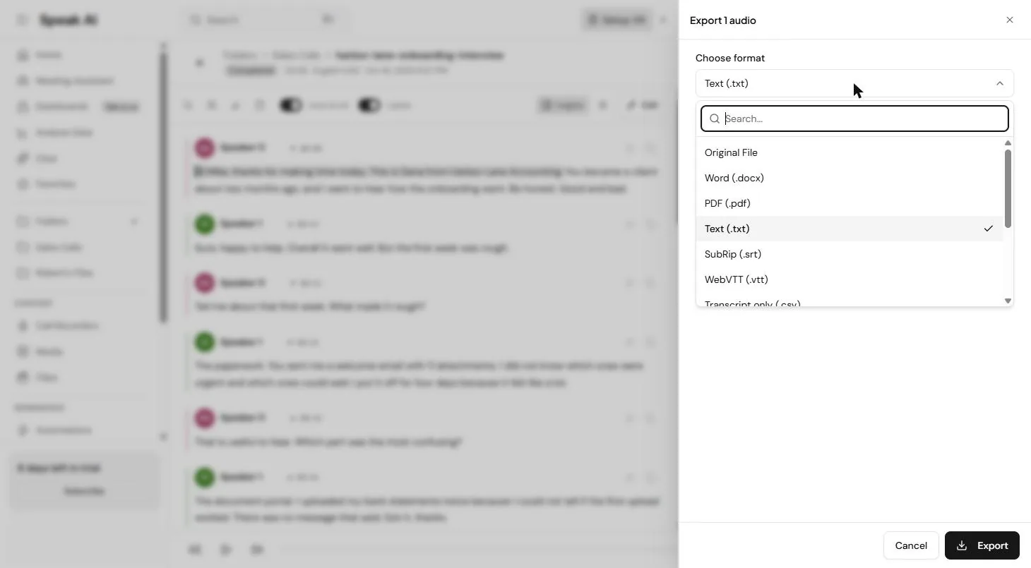 Speak AI Export format list: Original File, Word, PDF, Text, SubRip, WebVTT and CSV