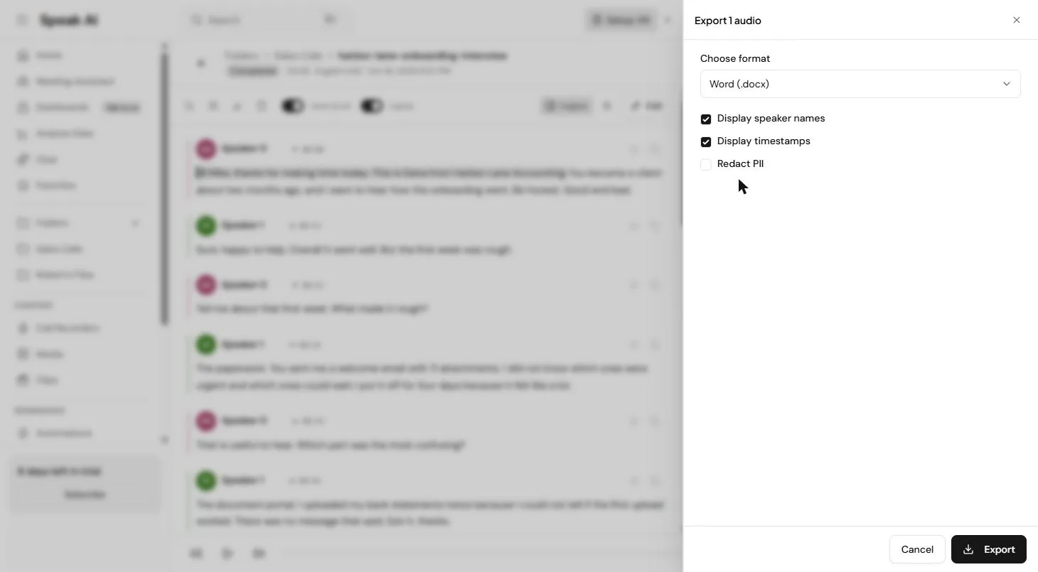 Speak AI Export panel set to Word (.docx) with speaker names and timestamps on and Redact PII off