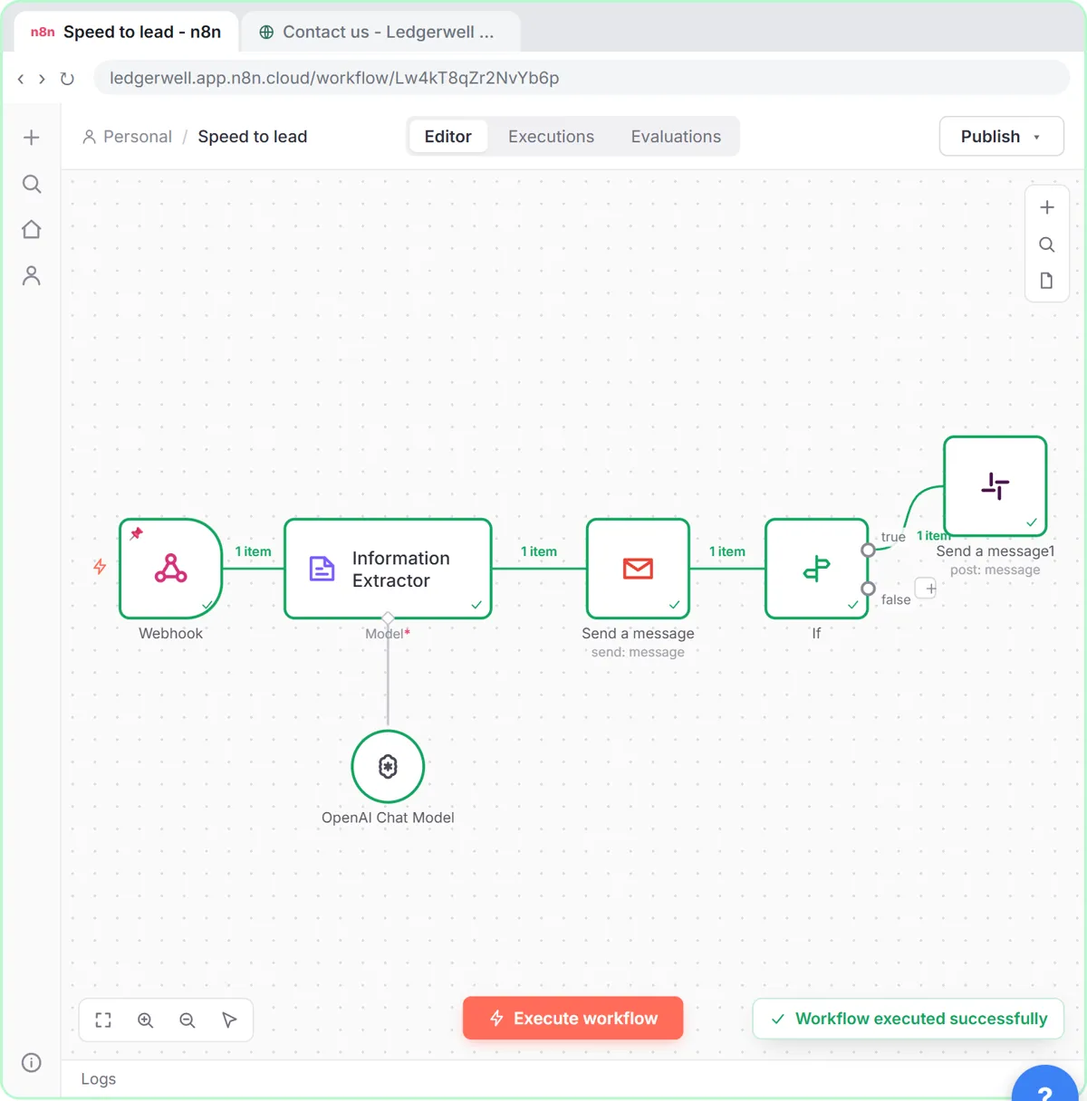 The finished n8n workflow after a test run: Webhook, Information Extractor with an OpenAI Chat Model, Gmail Send a message, an If node and a Slack message on the true branch, all green