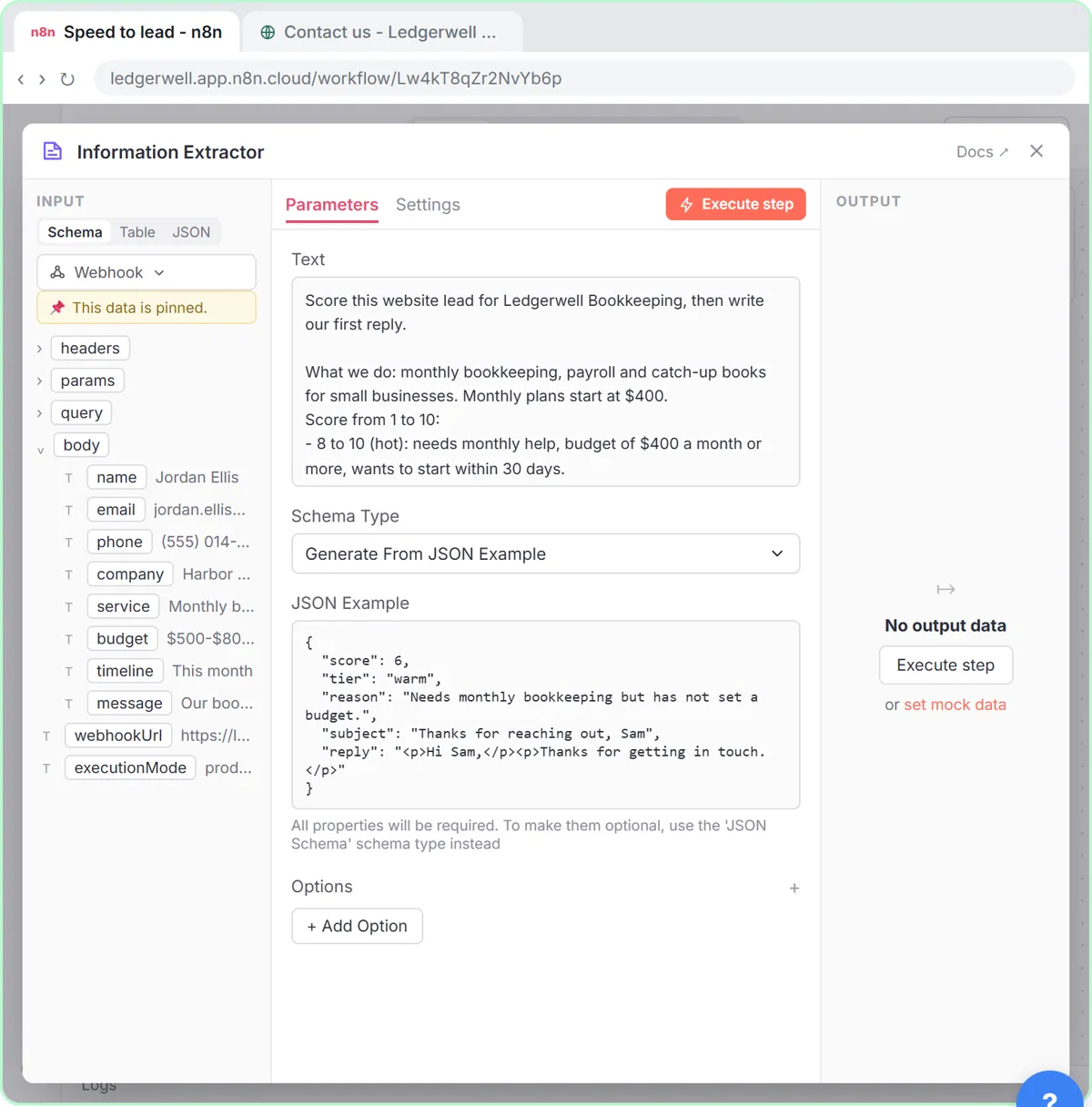 The Information Extractor node with the scoring instructions in Text, Schema Type set to Generate From JSON Example, and the website lead's fields from the Webhook on the left