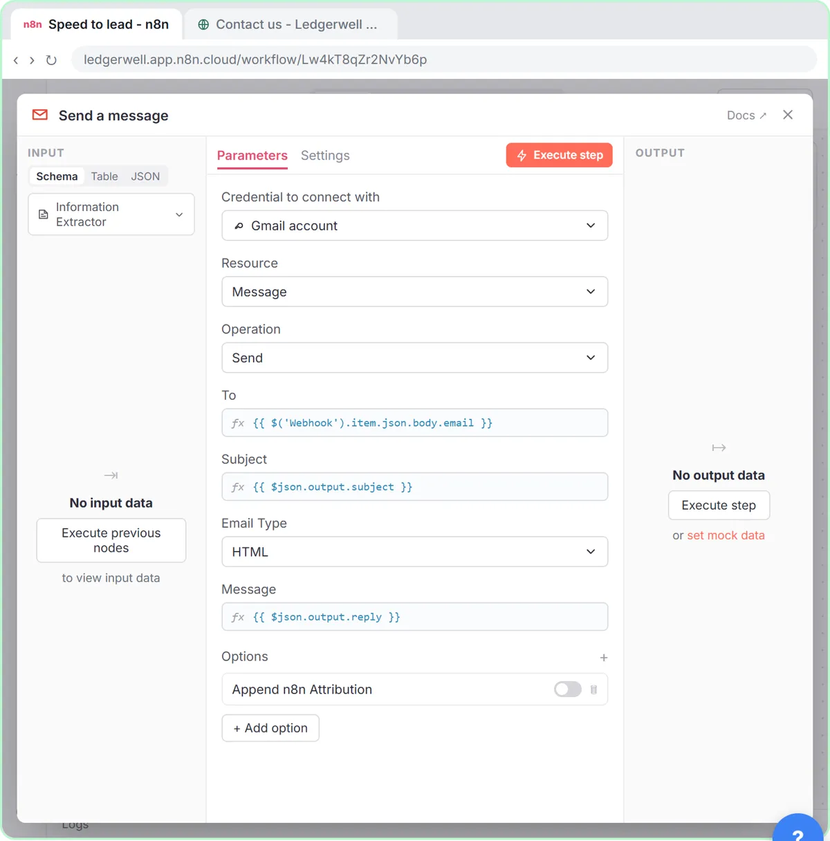 The Gmail Send a message node sending the AI-written subject and reply to the lead's email, with Append n8n Attribution turned off