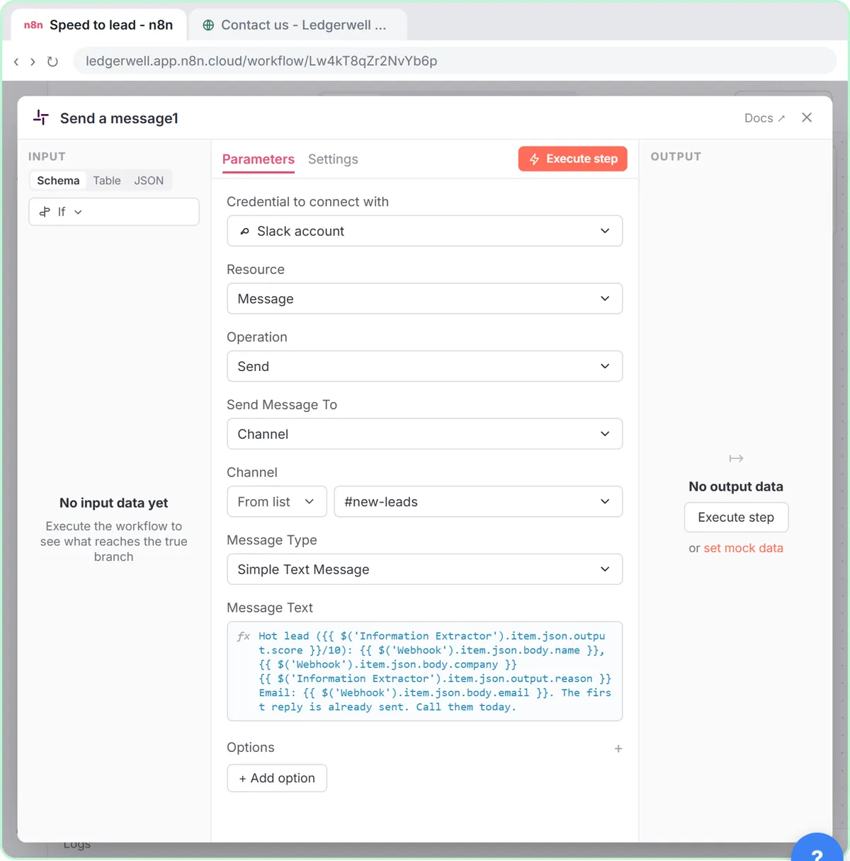 The Slack Send a message node posting a hot-lead alert with the score, name, company, reason and email to the new-leads channel