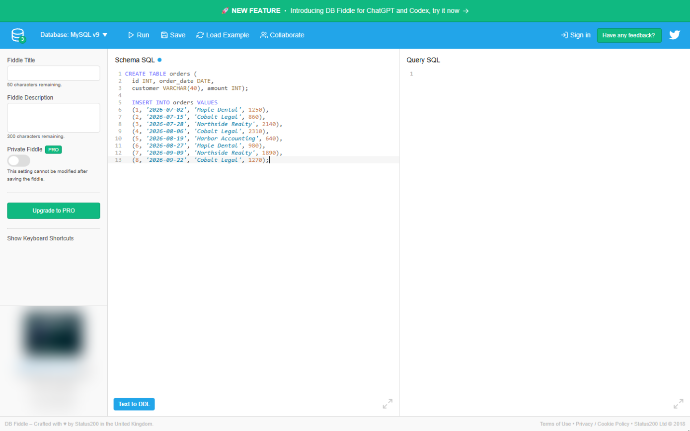 All eight orders typed into DB Fiddle Schema SQL