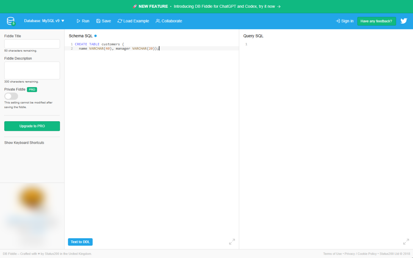 CREATE TABLE customers with name and manager typed