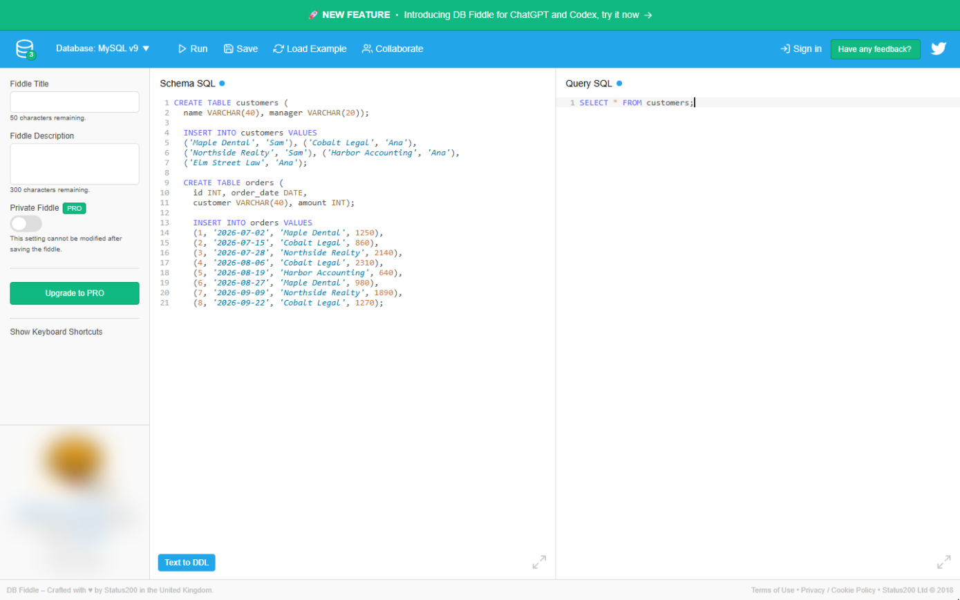 SELECT * FROM customers typed in Query SQL