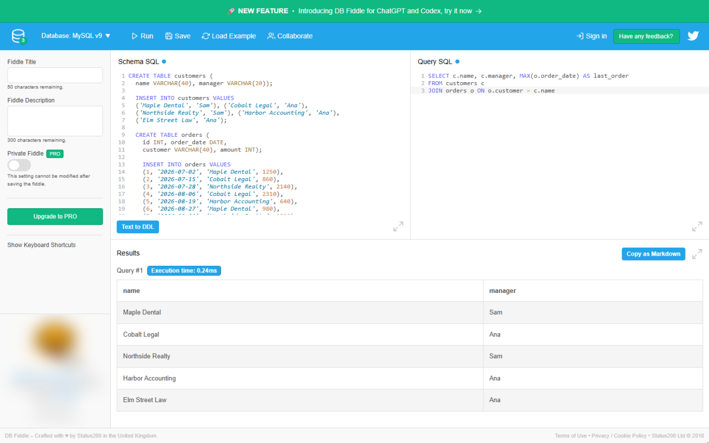 JOIN query with MAX(o.order_date) AS last_order typed