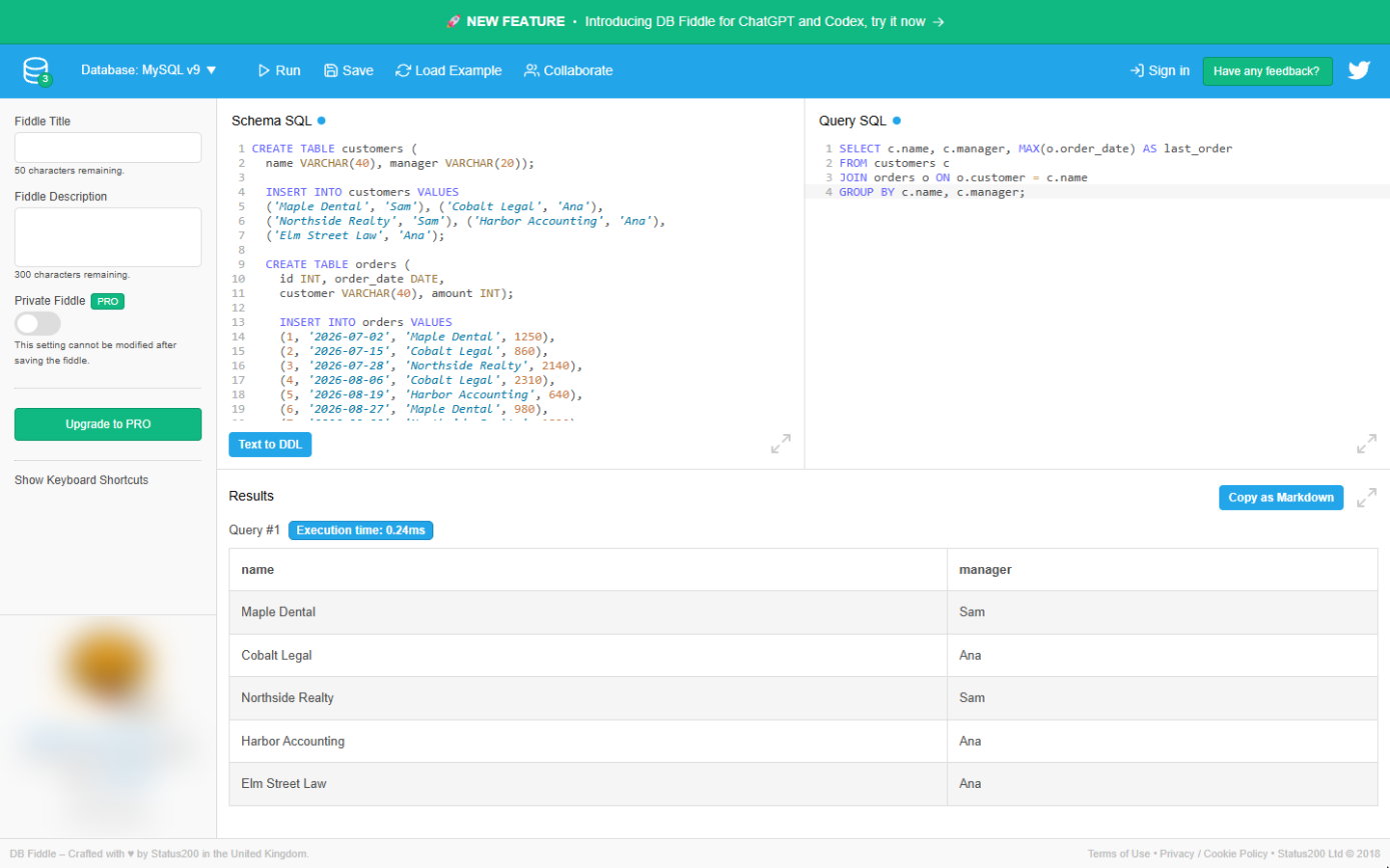 GROUP BY c.name, c.manager added