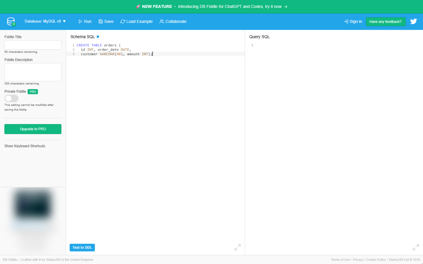CREATE TABLE orders typed in DB Fiddle Schema SQL
