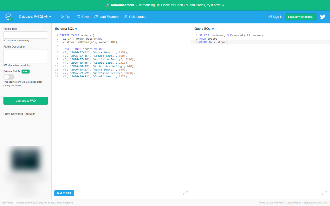 SELECT customer, SUM(amount) AS revenue FROM orders GROUP BY customer typed