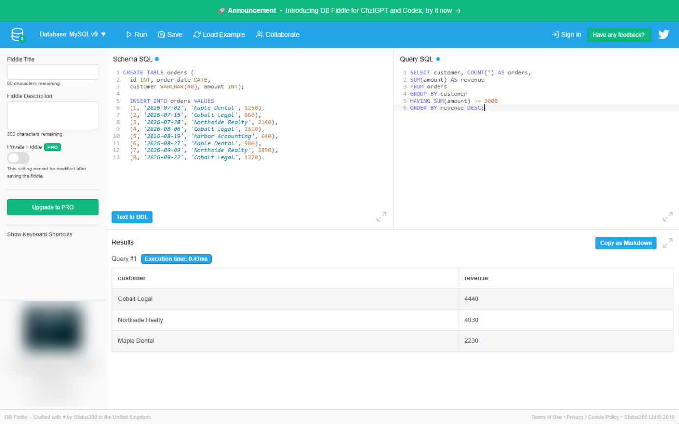 Full key accounts query with GROUP BY customer, HAVING SUM(amount) >= 3000 and ORDER BY revenue DESC