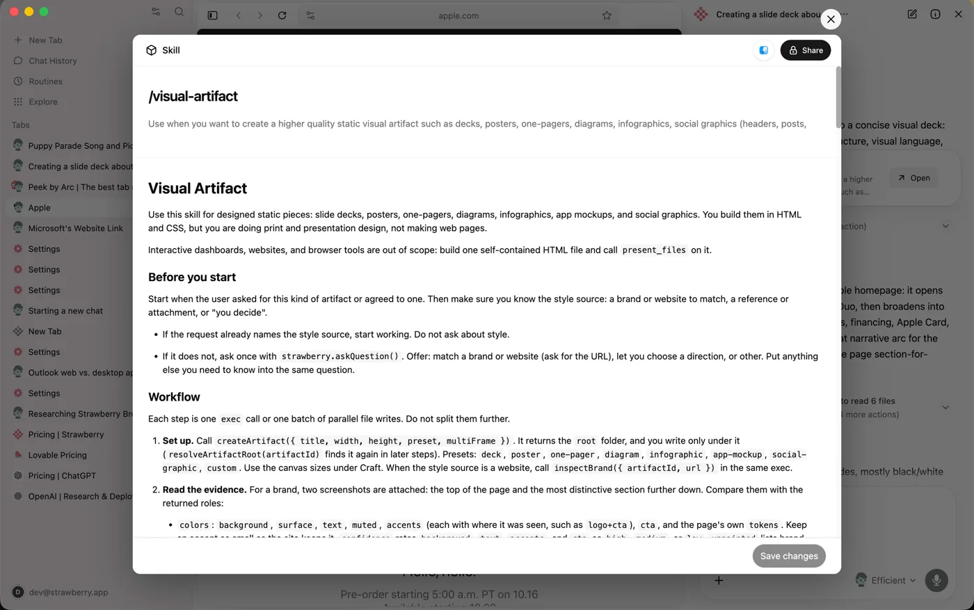 Strawberry's browser window: a left sidebar with New Tab, Chat History, Routines, Explore and a list of tabs, and a Skill window open over the page showing a skill's instructions with Share and Save changes buttons (screenshot from Strawberry's product updates page)