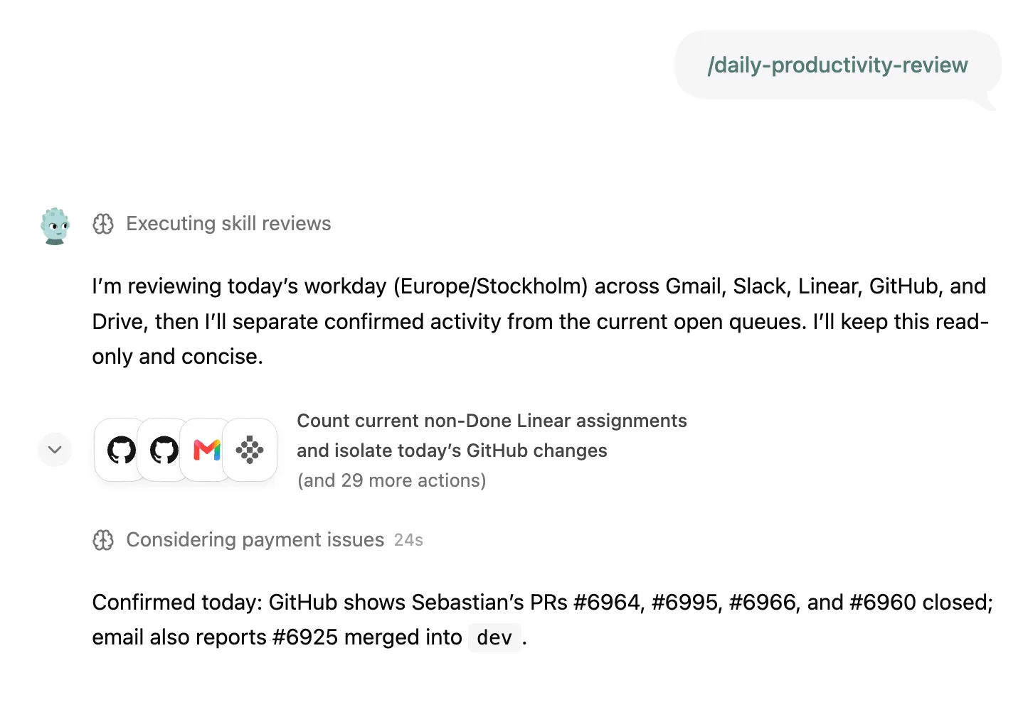A Strawberry chat: the user runs a skill, the companion explains it will keep the review read-only, and a row of app icons summarises its actions with "(and 29 more actions)", the collapsed work trace (screenshot from Strawberry's product updates page)