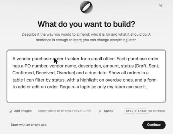 SunSed's What do you want to build box with a plain-words description of a vendor purchase-order tracker typed in, above the Continue button