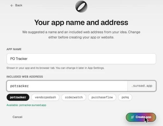 SunSed's Your app name and address step showing the app name PO Tracker and the included web address potracker.sunsed.app marked Available, above the Create app button