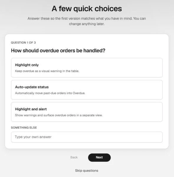 SunSed's A few quick choices card, question 1 of 3: How should overdue orders be handled, with Highlight only, Auto-update status and Highlight and alert