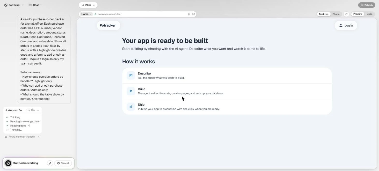 The SunSed builder while it works: the description and the three setup answers in the chat on the left, a steps-so-far list reading 4 steps, and the app preview on the right