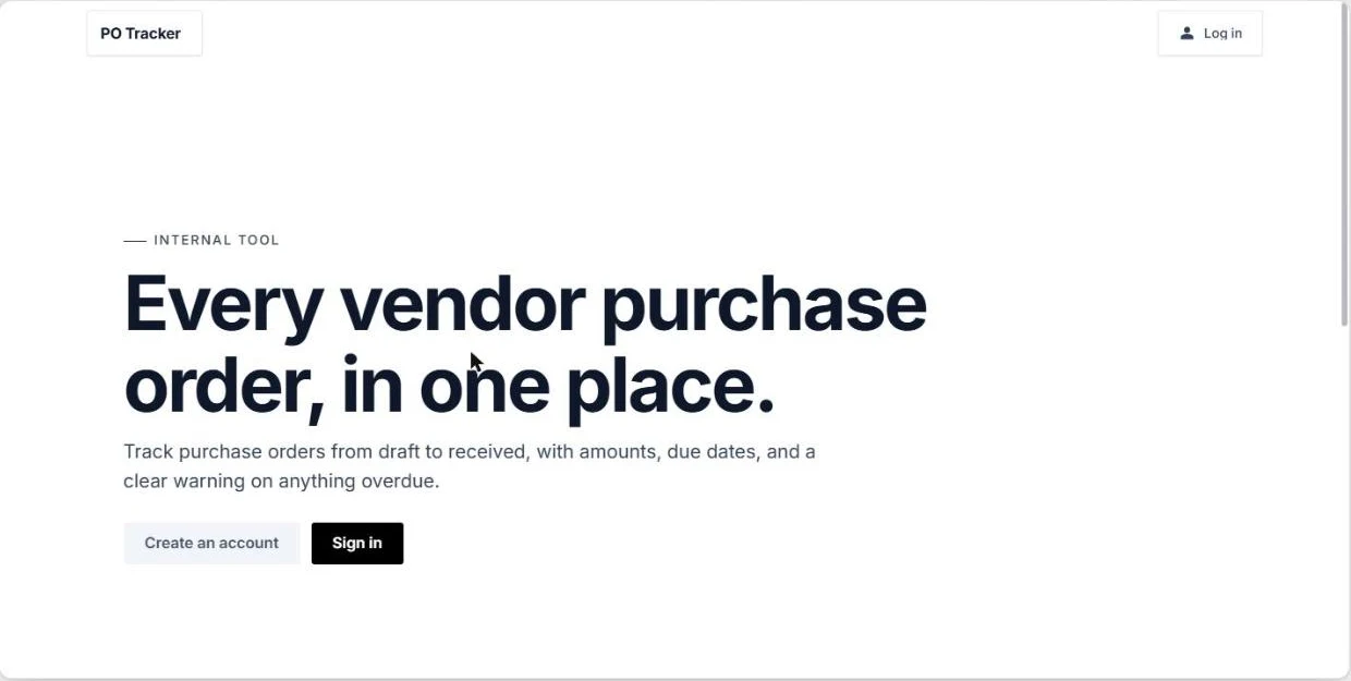 The first build in the SunSed preview: the PO Tracker home page with the headline Every vendor purchase order, in one place and Create an account and Sign in buttons