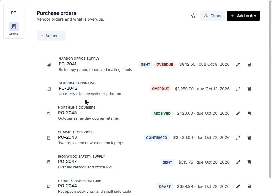 The PO Tracker Purchase orders page built by SunSed: made-up orders with status labels, the two past-due orders marked Overdue in red, and a Status filter and Add order button