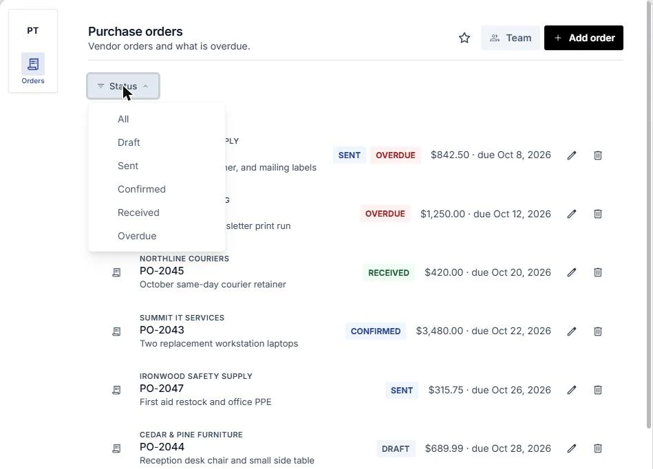 The PO Tracker Status filter open with the options All, Draft, Sent, Confirmed, Received and Overdue