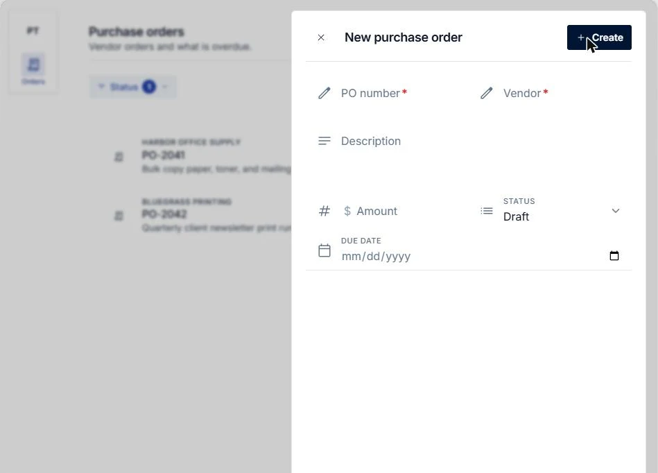 The PO Tracker New purchase order form with PO number, Vendor, Description, Amount, Status and Due date fields and a Create button