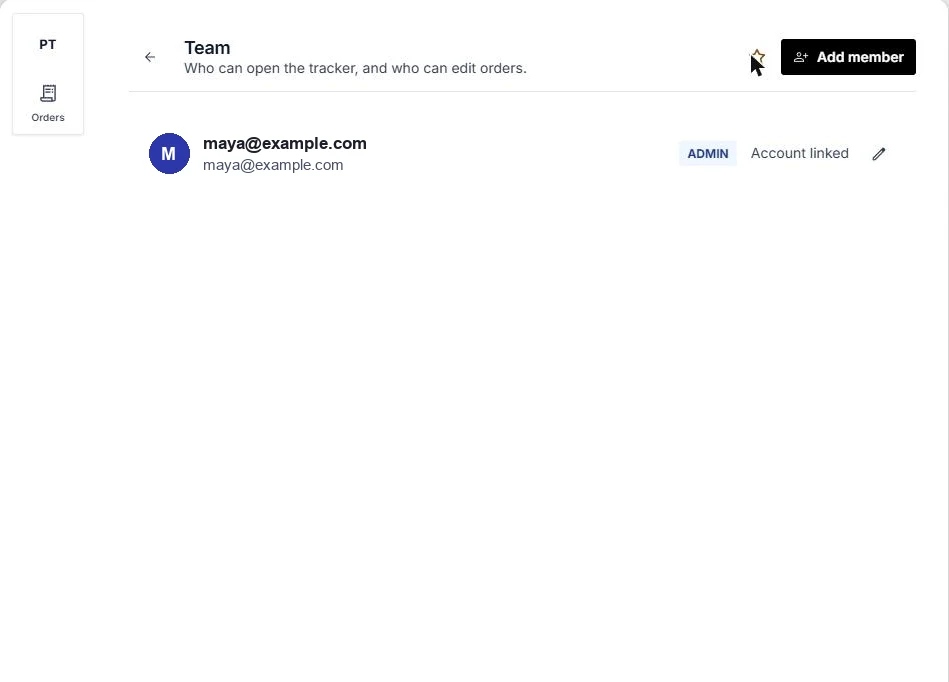 The PO Tracker Team page, Who can open the tracker and who can edit orders, with one admin on the list (the email address was replaced with a made-up one) and an Add member button