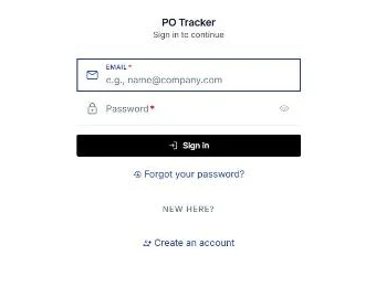 The PO Tracker sign-in screen asking for an email and password, with Forgot your password and Create an account links