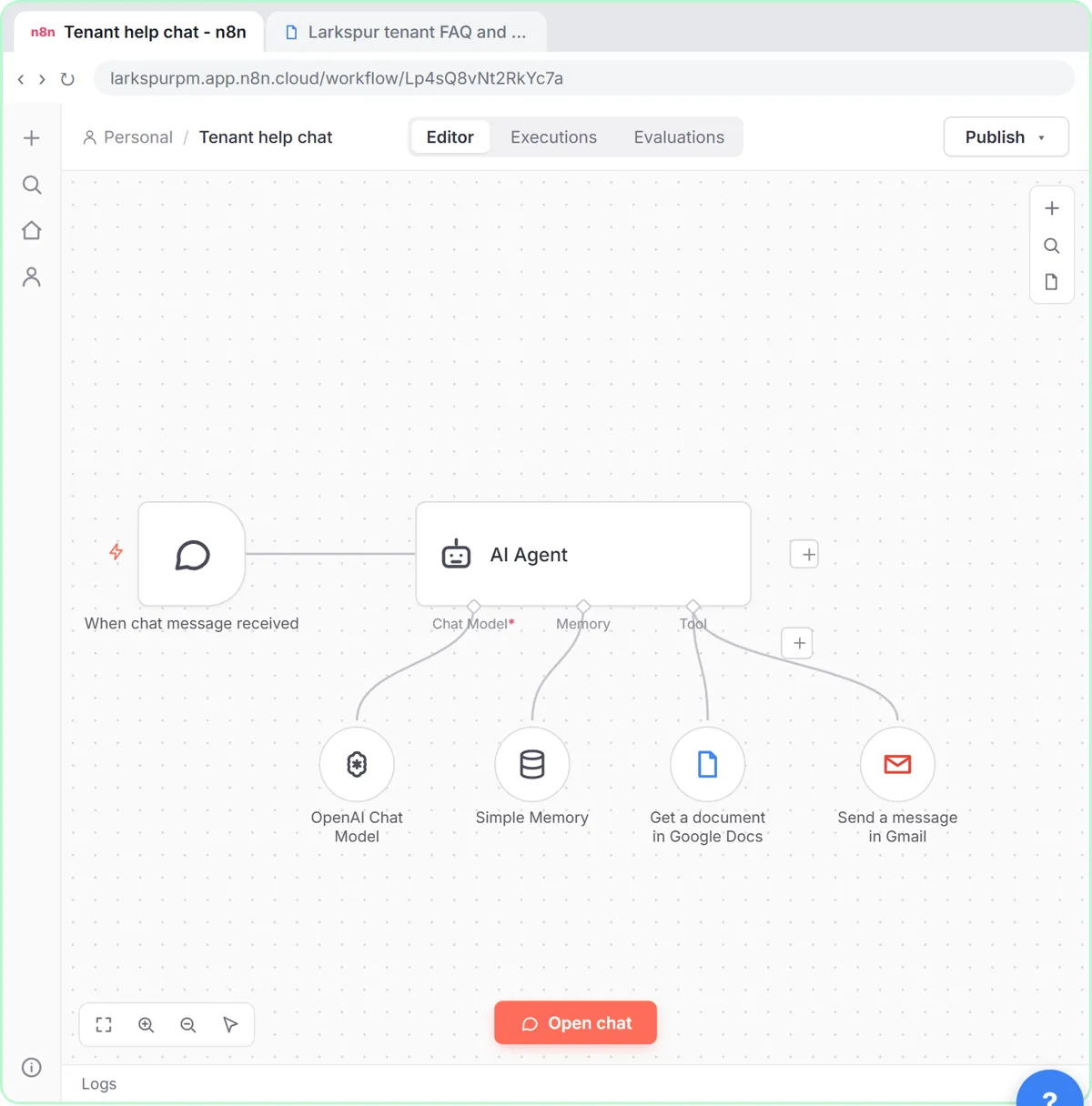 The n8n support agent: a chat trigger and an AI Agent with an OpenAI Chat Model, Simple Memory, a Google Docs tool and a Gmail tool