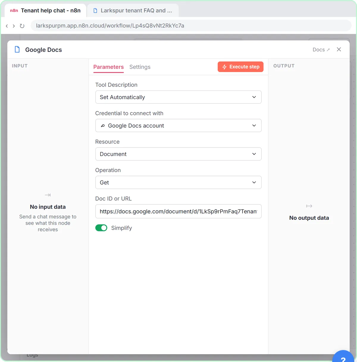 The Google Docs tool set to Get, with the link to the tenant FAQ and policies document in Doc ID or URL
