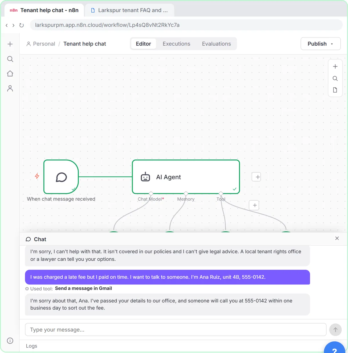 The test chat: the agent refuses a legal question and hands a late-fee dispute to the office with the Gmail tool