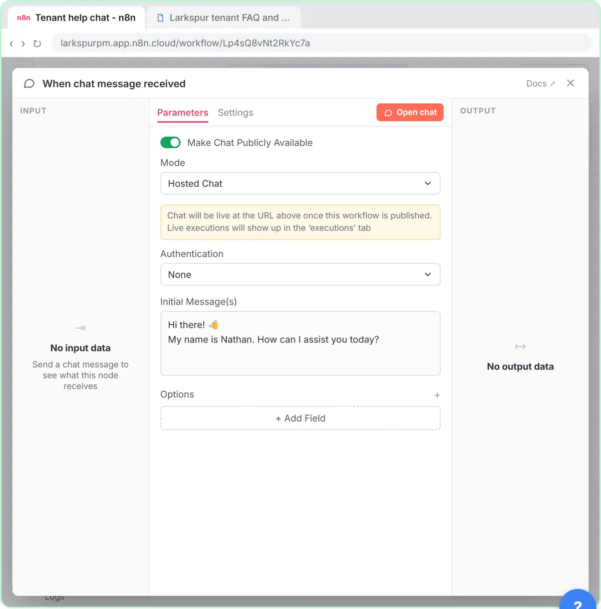 The chat trigger with Make Chat Publicly Available turned on and Mode set to Hosted Chat