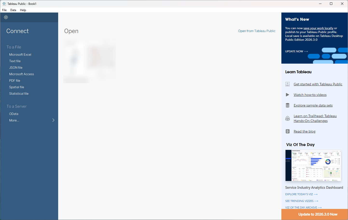 Tableau Desktop Public Edition start page with Connect, To a File, Text file