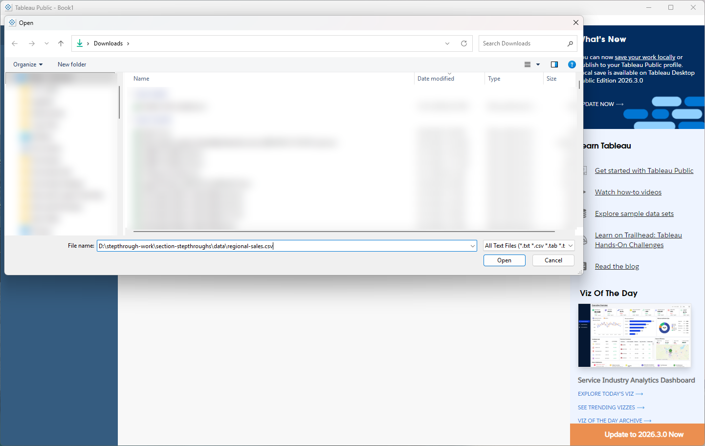 Windows Open dialog in Tableau with regional-sales.csv typed as the file name