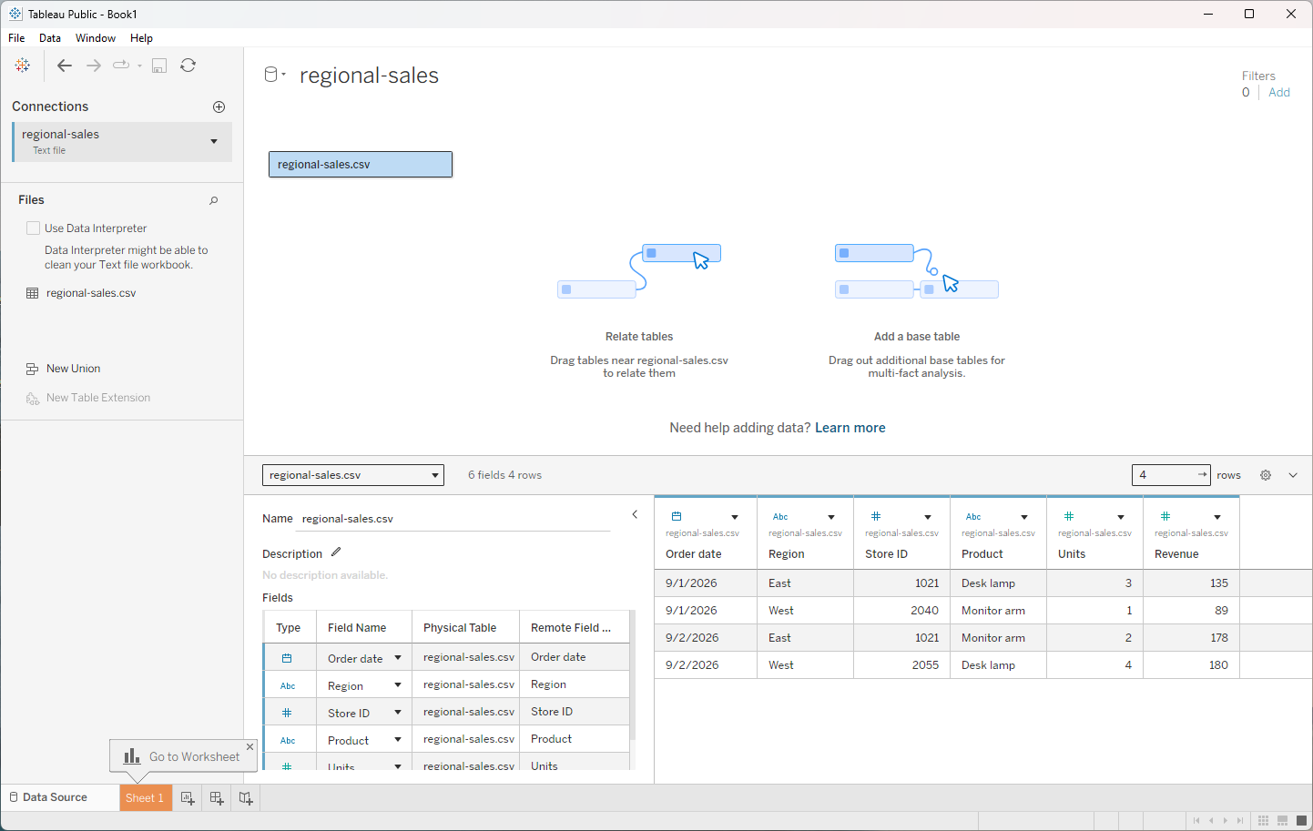 Tableau Data Source page previewing the four regional sales rows