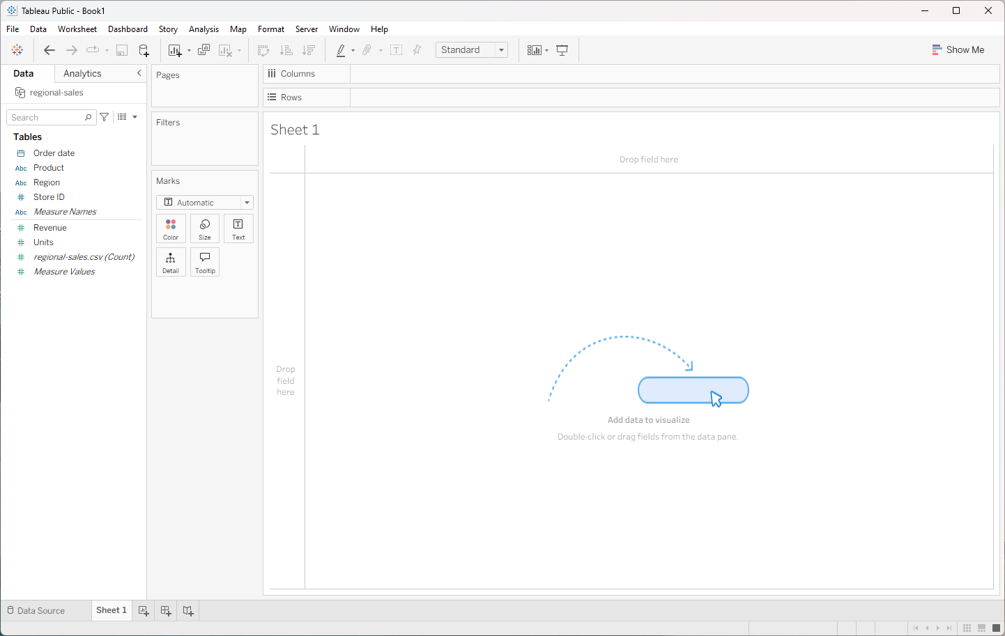 Empty Tableau worksheet with dimensions and measures in the Data pane