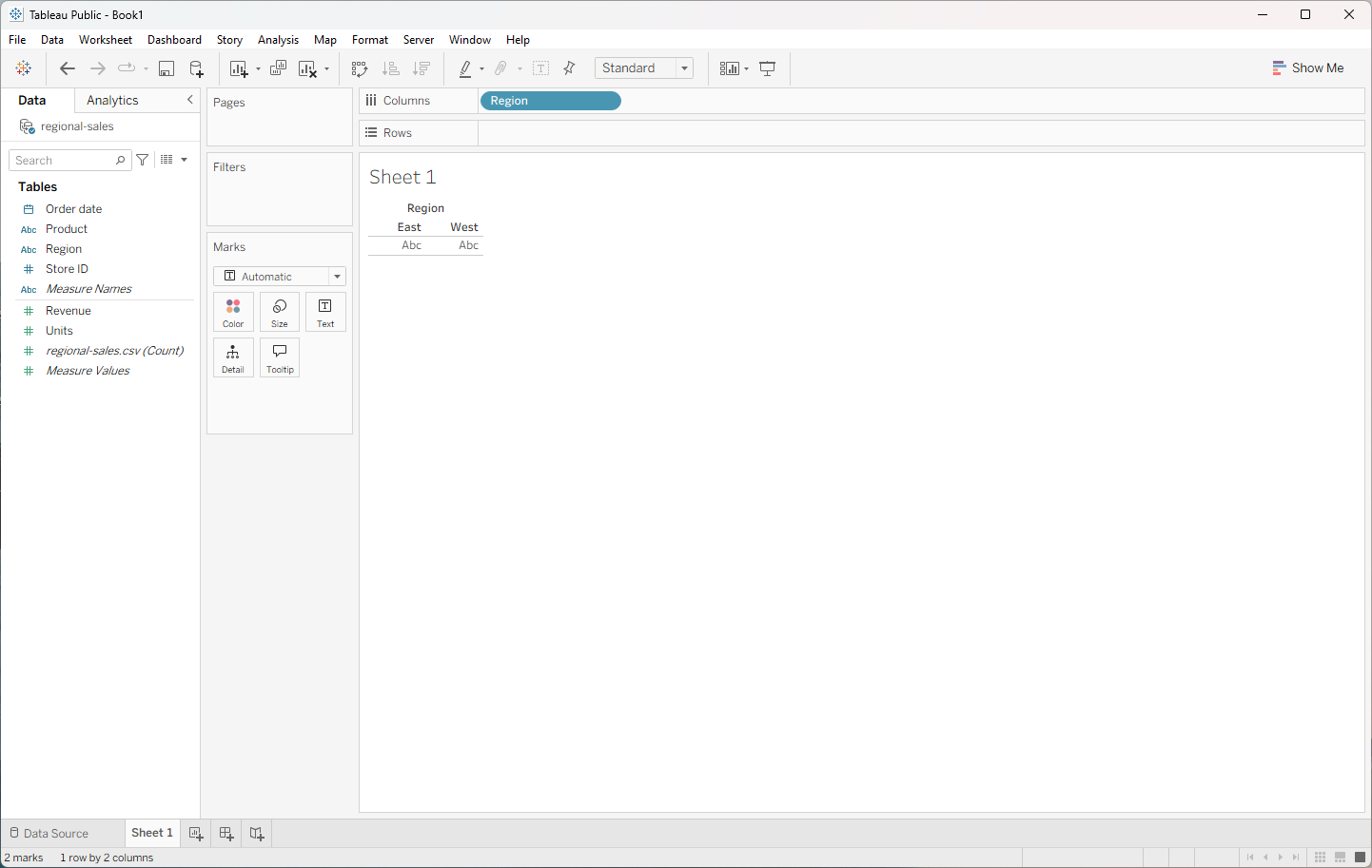 Region on the Columns shelf in Tableau, with East and West headers