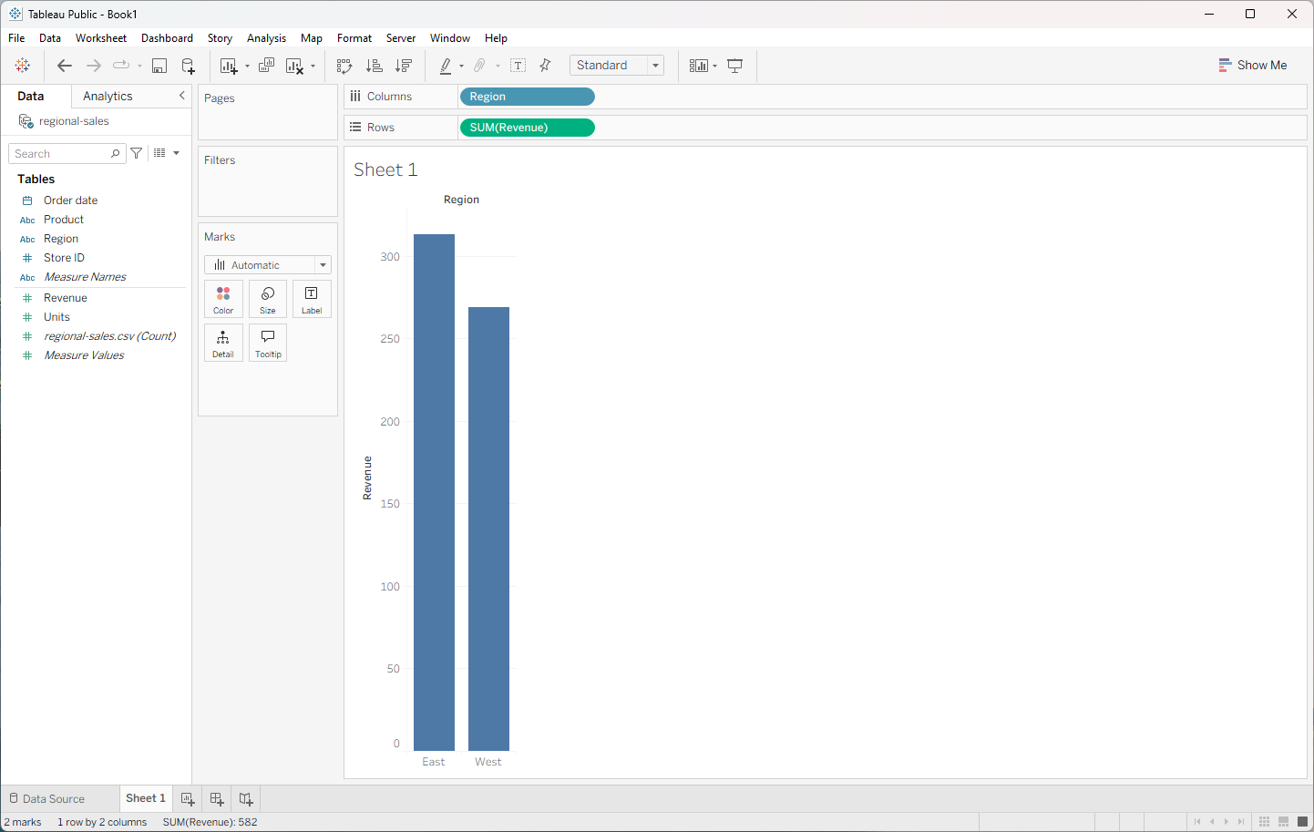 Tableau bar chart of SUM(Revenue) by region: East about 313, West about 269