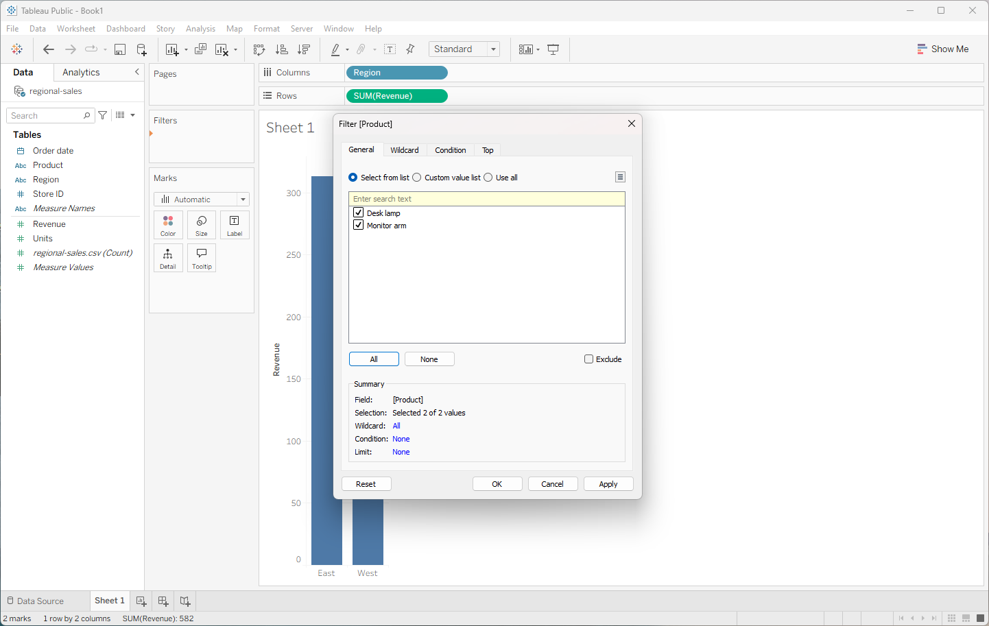 Tableau Filter dialog with Desk lamp and Monitor arm both ticked