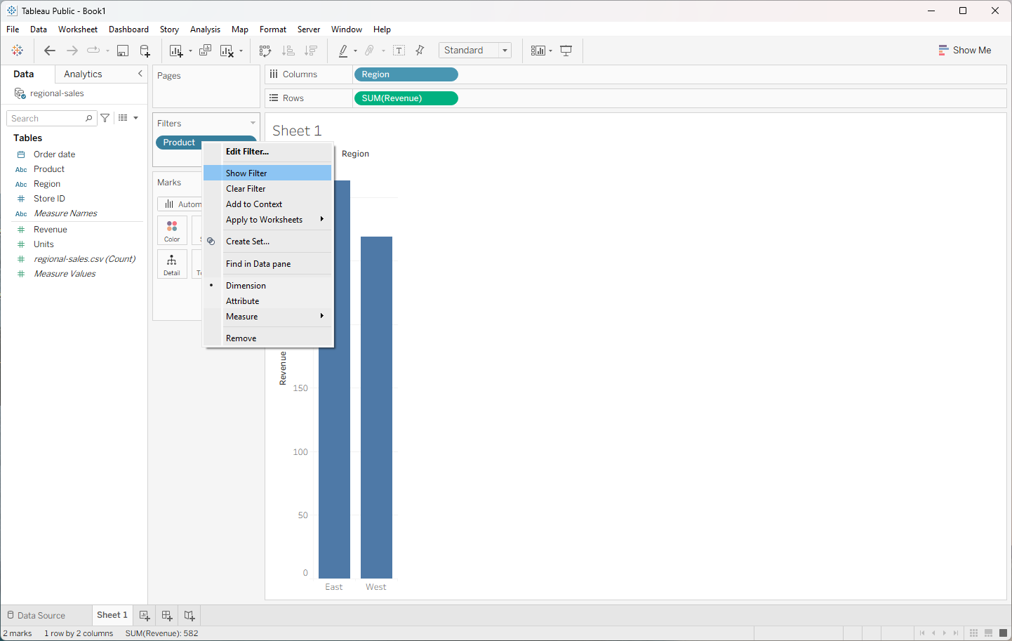 Tableau filter pill menu with Show Filter