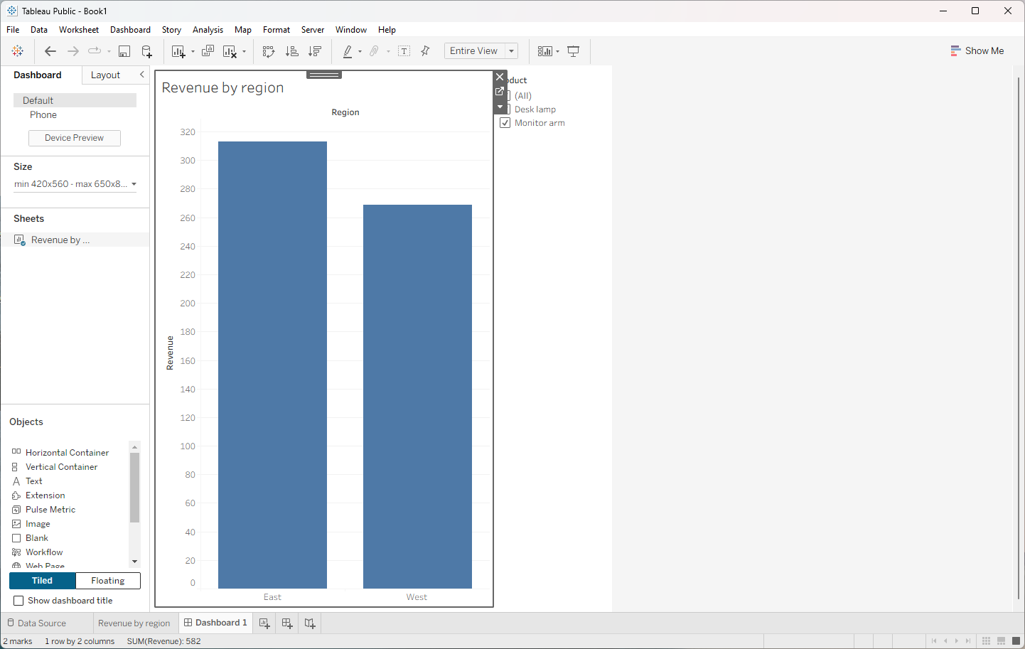 Tableau dashboard with the Revenue by region bar chart and Product filter
