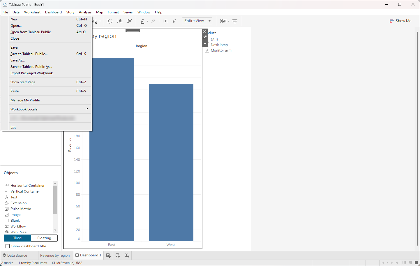 Tableau File menu with Save to Tableau Public