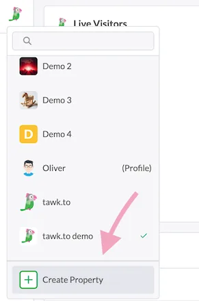 tawk.to property list open, with Create Property at the bottom