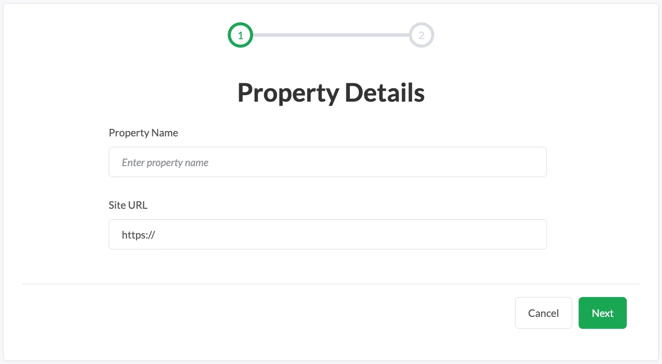 tawk.to Property Details step with Property Name and Site URL boxes and the Next button