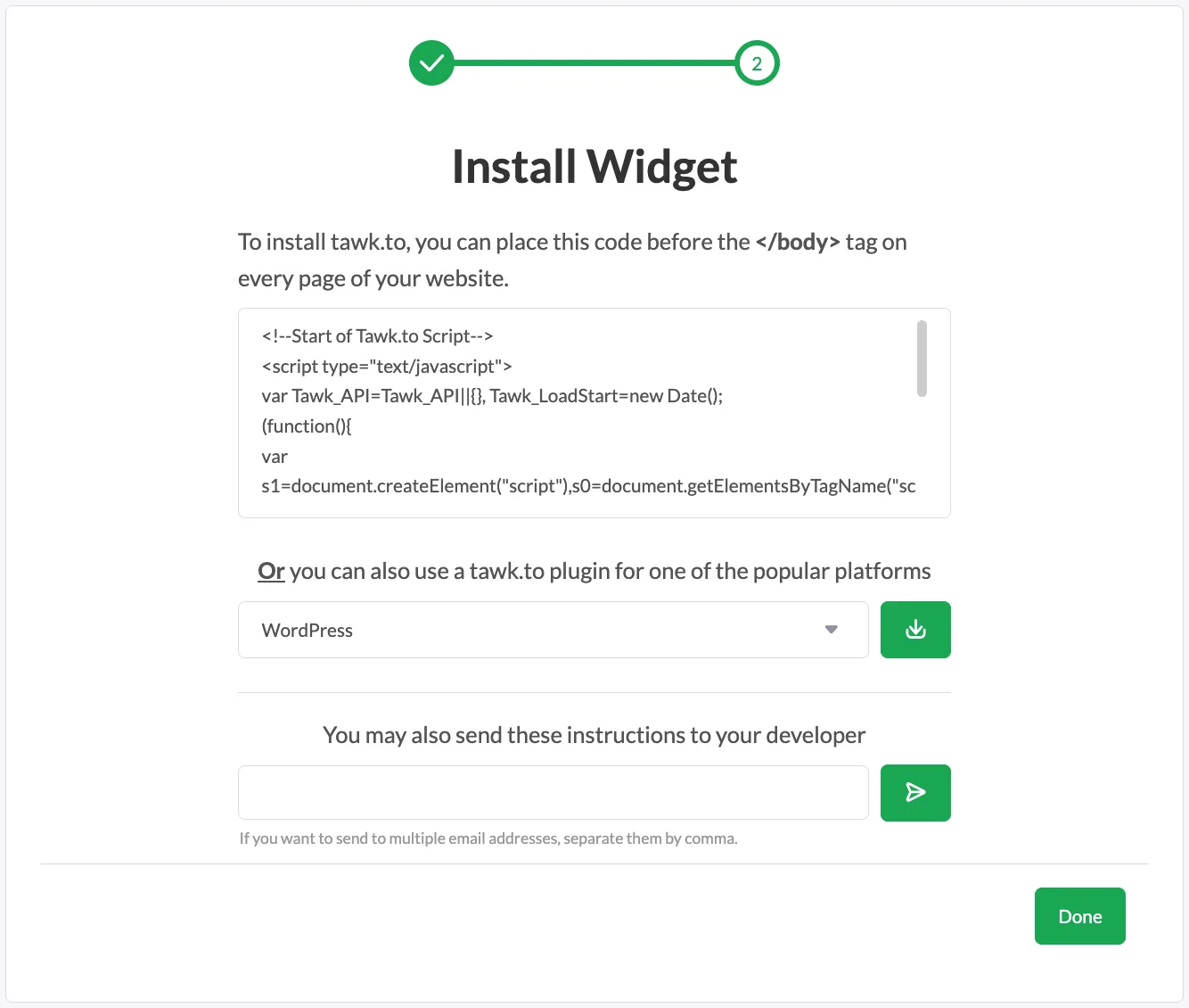 tawk.to Install Widget step: the widget code to place before the closing body tag, a WordPress plugin option, a send-to-developer box and Done