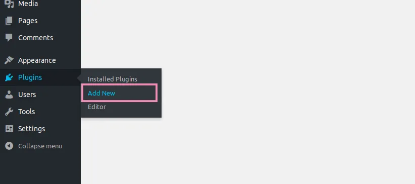 WordPress admin menu with Plugins open and Add New marked