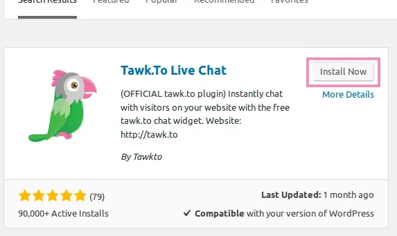 WordPress plugin search result for Tawk.To Live Chat, the official tawk.to plugin, with Install Now
